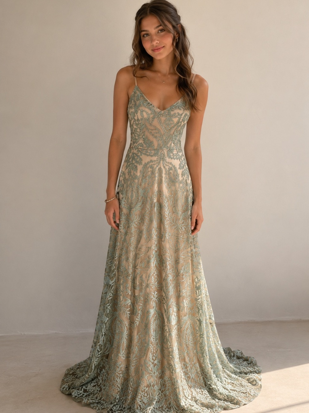 Speechless Elegant Lace Maxi Dress in Green and Cream